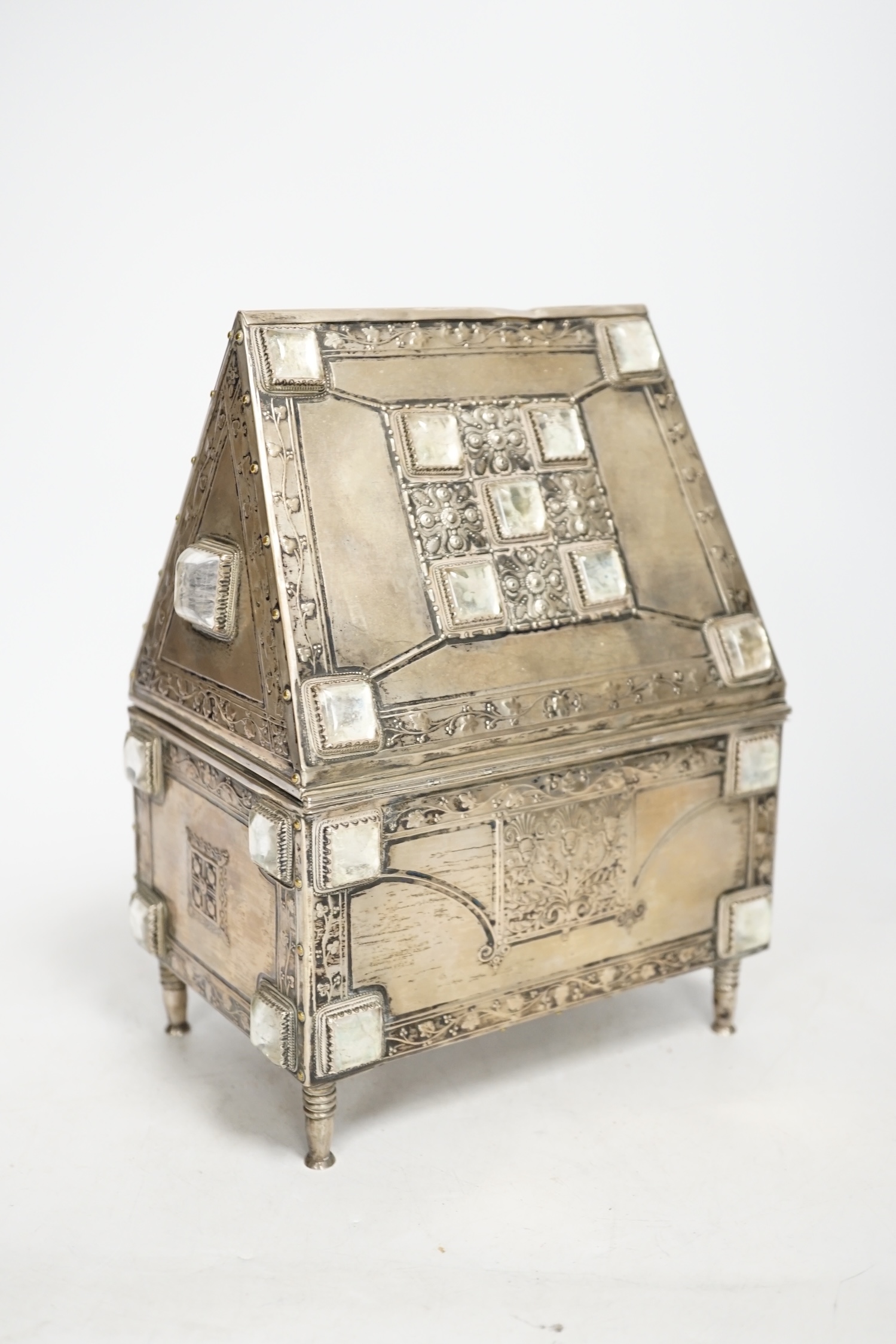 An early 20th century German 800 standard white metal and rock crystal? set trinket box, by Steinicken & Luhr, of house form, height 20.7cm.